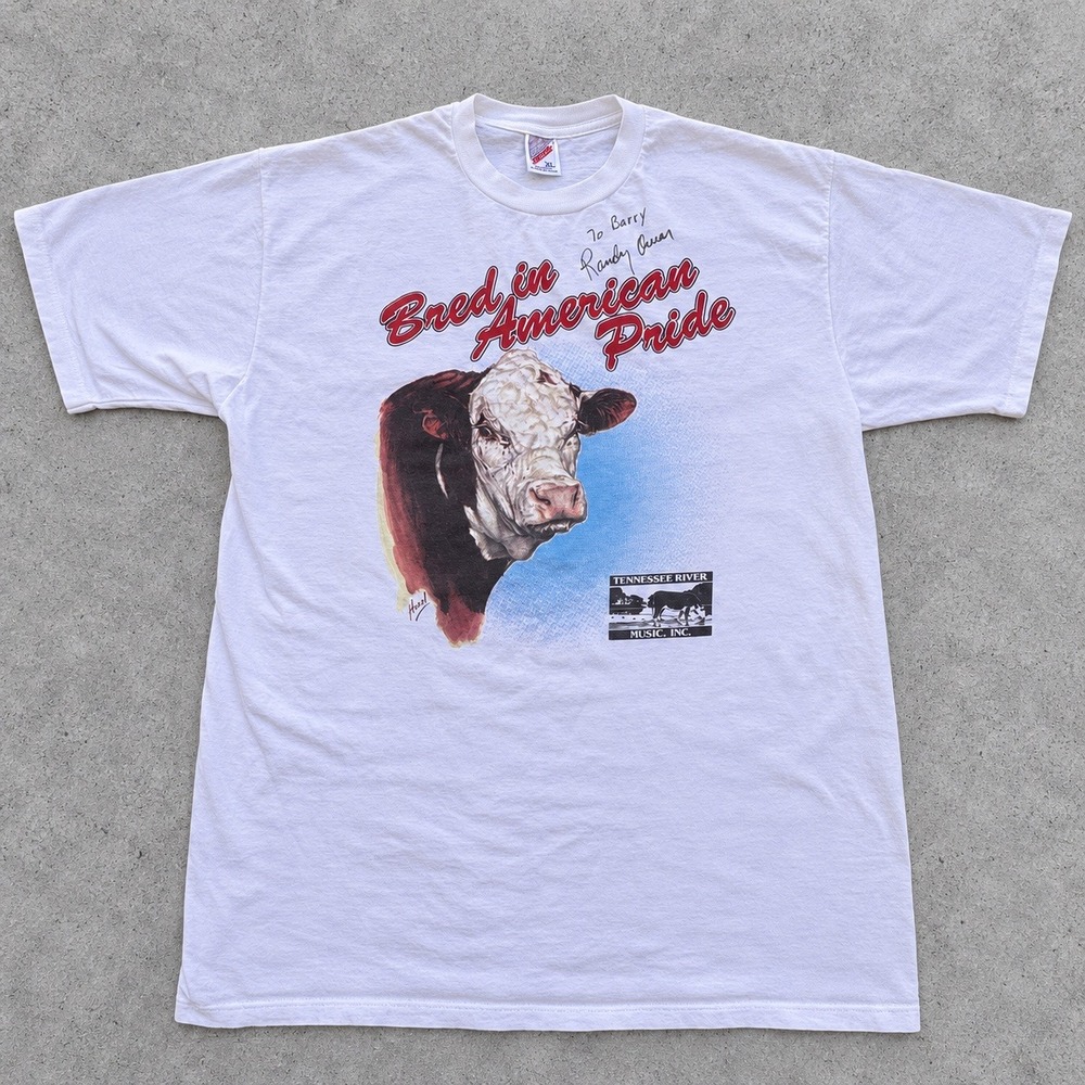 Vintage Alabama Band Randy Owen Signed Bred in American Pride Bull T-Shirt XL